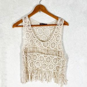 See through crochet fringed crop top
